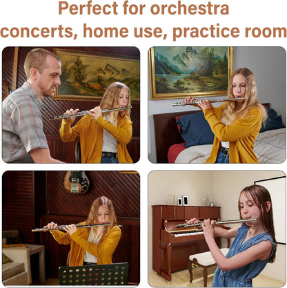 Mendini By Cecilio C Flute, 16-Key Closed Hole w/ Case, Gloves - Silver Nickel (Used)