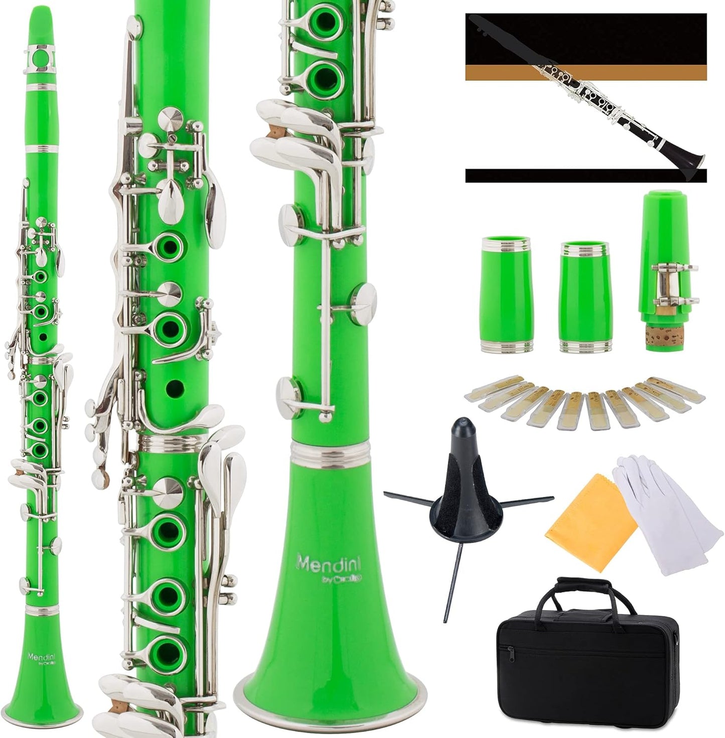 Mendini by Cecilio B Flat Clarinet with 2 Barrels, 10 Reeds, Stand & Pocketbook (Used)