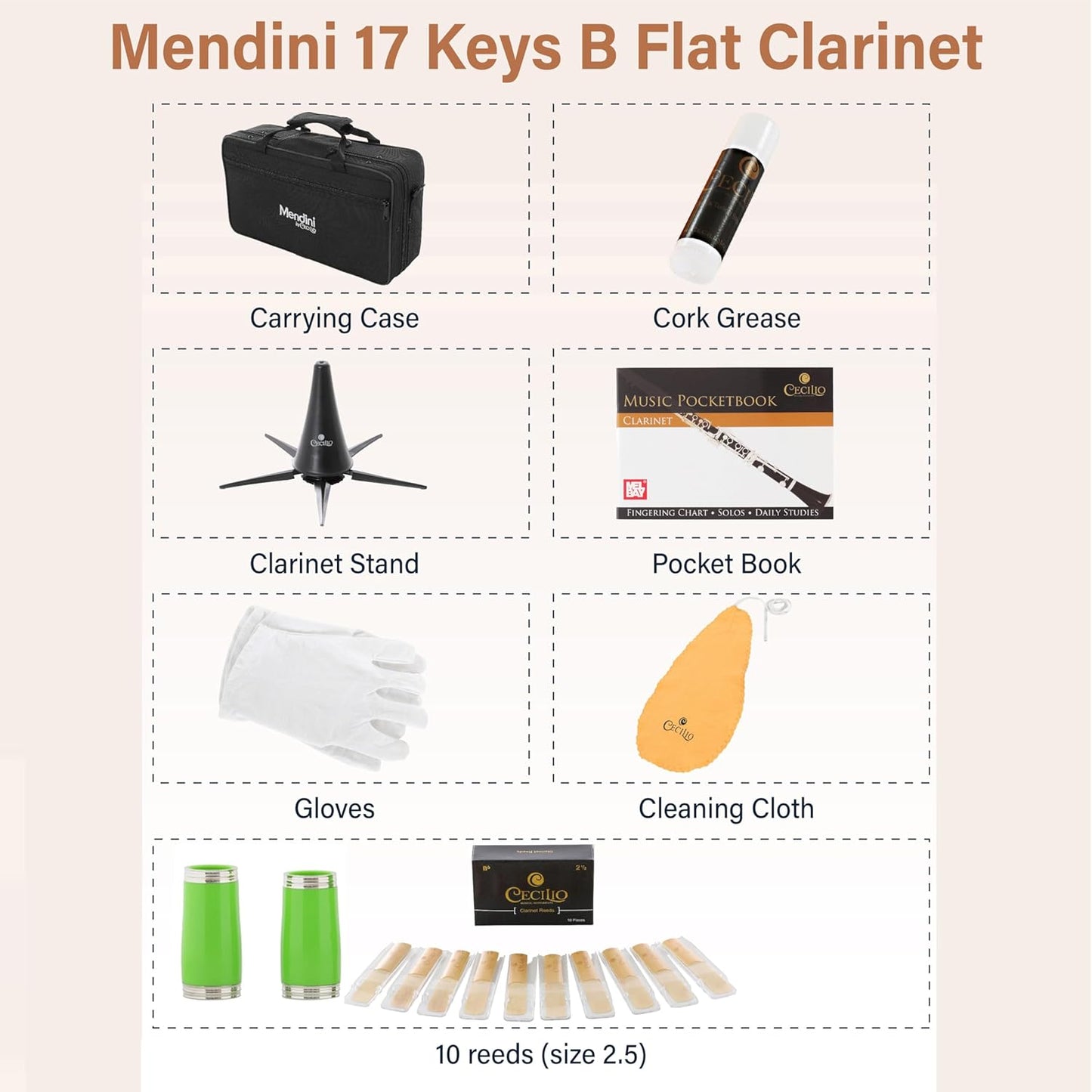 Mendini by Cecilio B Flat Clarinet with 2 Barrels, 10 Reeds, Stand & Pocketbook (Used)