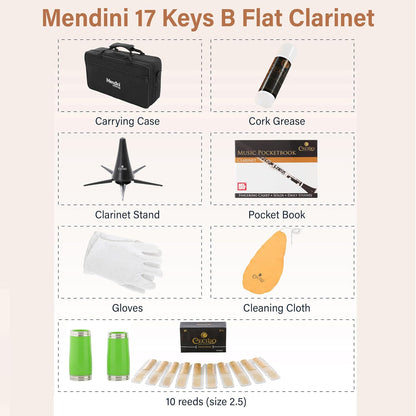 Mendini by Cecilio B Flat Clarinet with 2 Barrels, 10 Reeds, Stand & Pocketbook (Used)