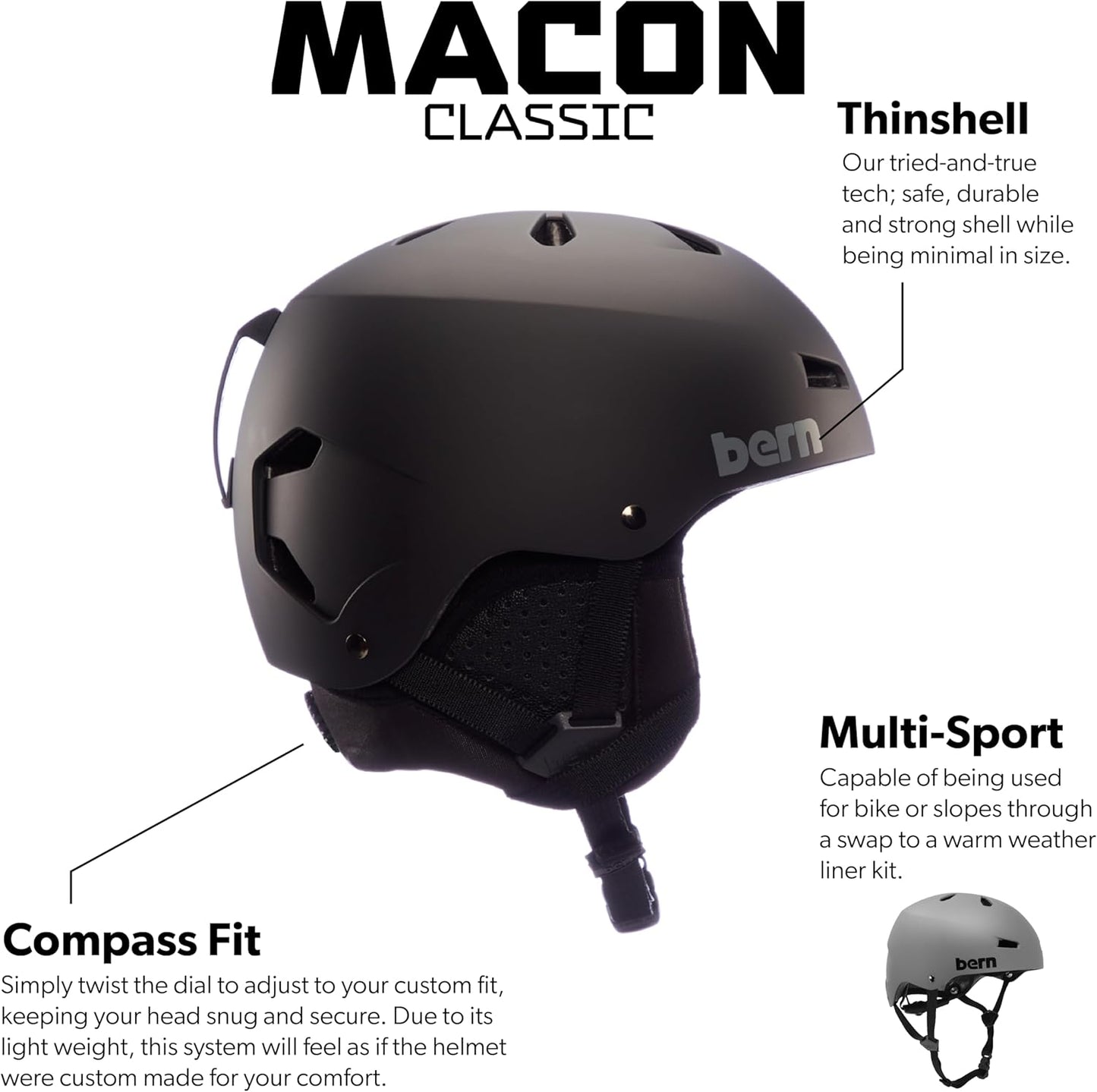 BERN Macon Classic Durable Snowboard Helmet for Men & Women, Matte Grey - Medium (Used, No Retail Box)