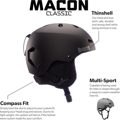 BERN Macon Classic Durable Snowboard Helmet for Men & Women, Matte Grey - Medium (Used, No Retail Box)
