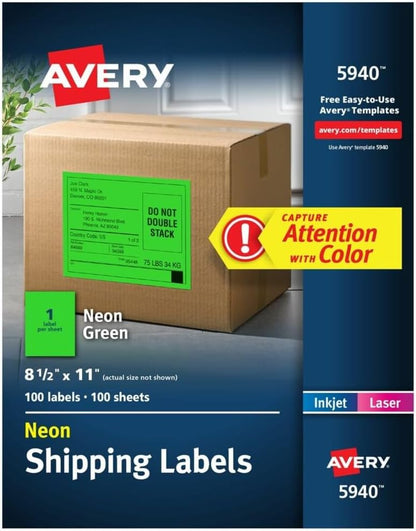 Avery Neon Shipping Label, Laser, 8 1/2 x 11, Neon Green, 100 Pack (Like New)