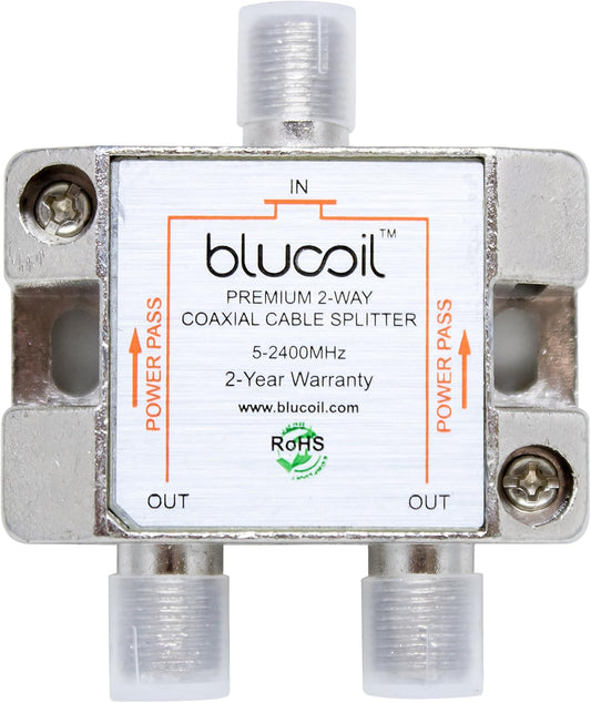 Blucoil 2 Way Coaxial Cable Splitter, 5-2400 Mhz Frequency Range (New)