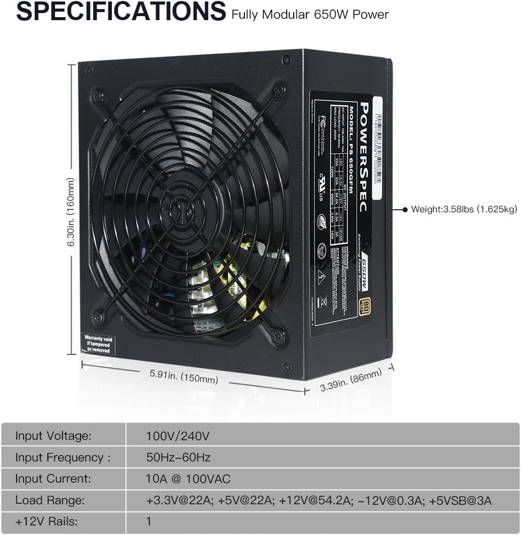Unknown PowerSpec 650 Watt 80 Plus Gold Fully Modular ATX Power Supply (Used)