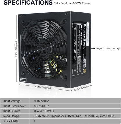 Unknown PowerSpec 650 Watt 80 Plus Gold Fully Modular ATX Power Supply (Used)