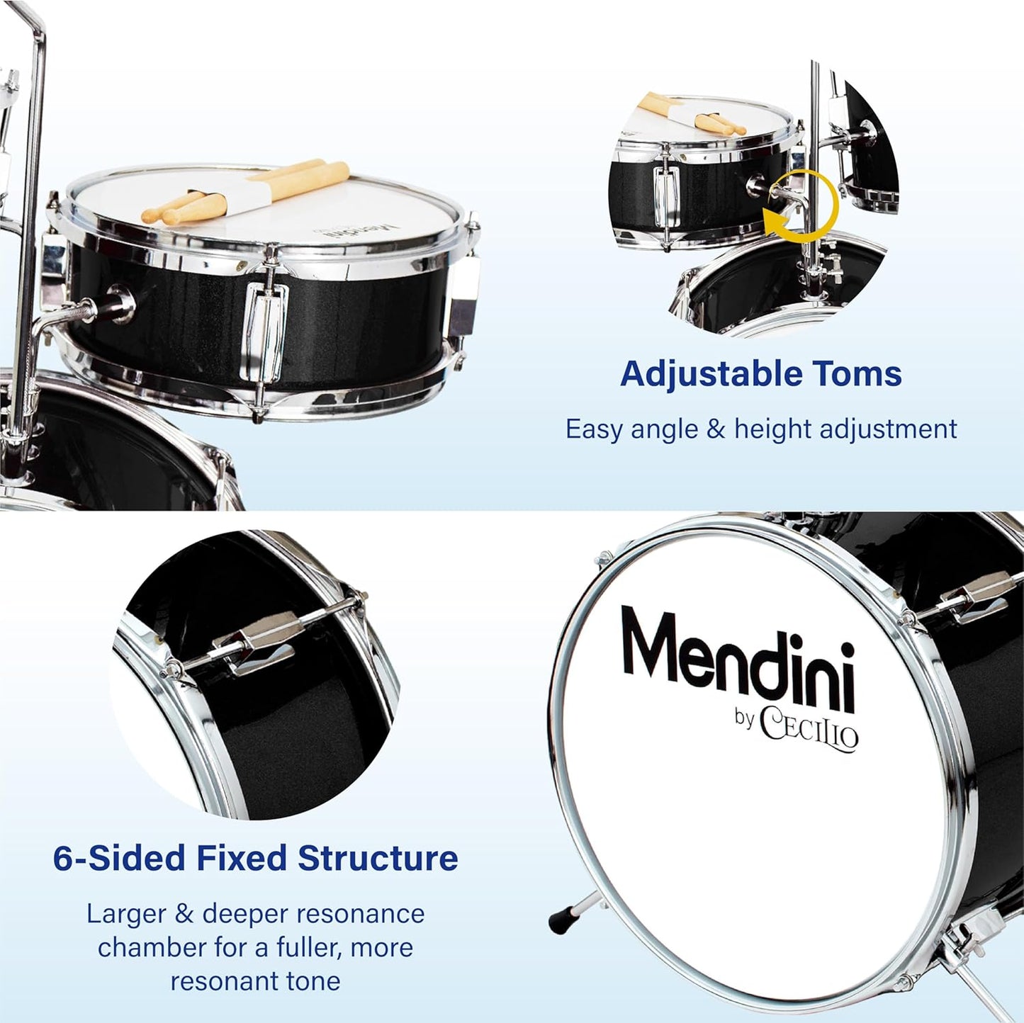 Mendini by Cecilio 3-Piece 13" Junior Drum Set with Cymbal, Sticks & Seat Black (Like New, No Retail Box)