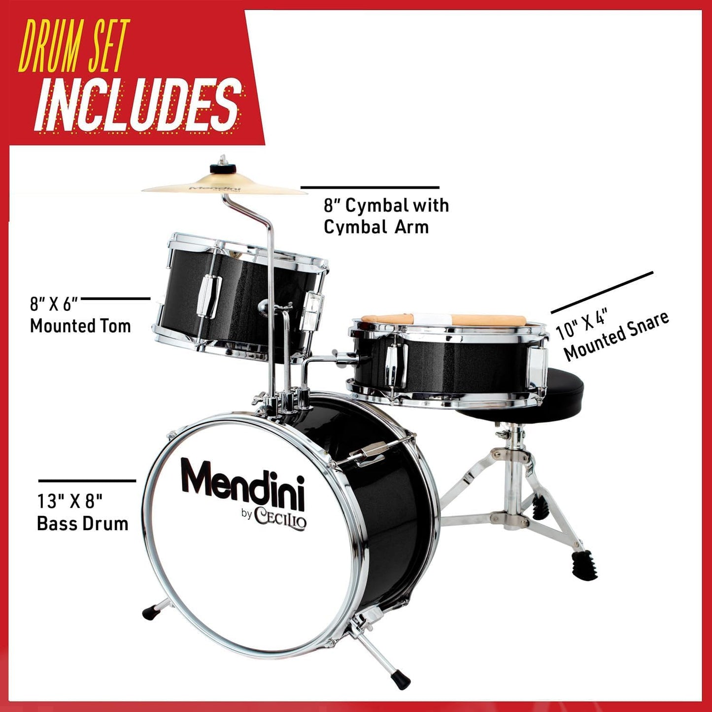 Mendini by Cecilio 3-Piece 13" Junior Drum Set with Cymbal, Sticks & Seat Black (Like New, No Retail Box)
