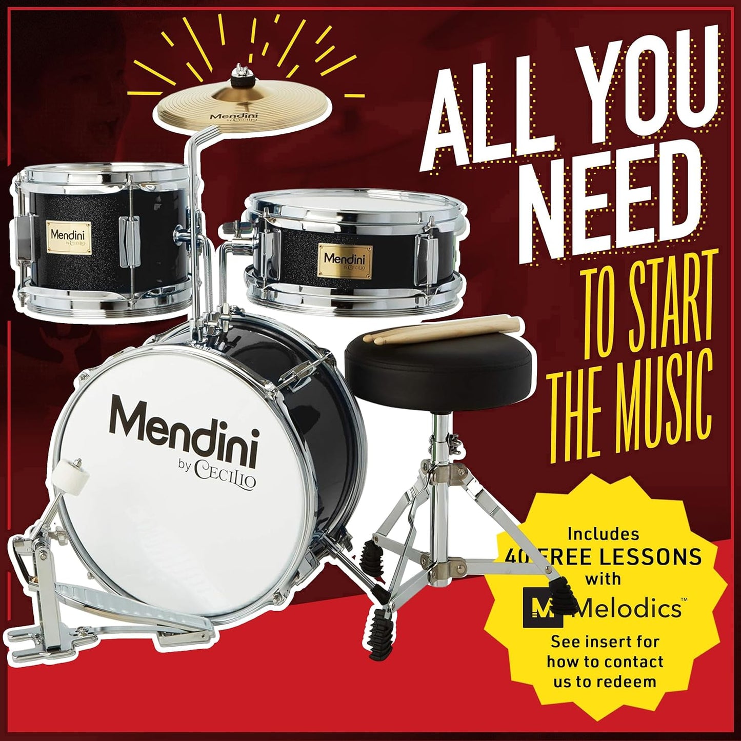 Mendini by Cecilio 3-Piece 13" Junior Drum Set with Cymbal, Sticks & Seat Black (Like New, No Retail Box)