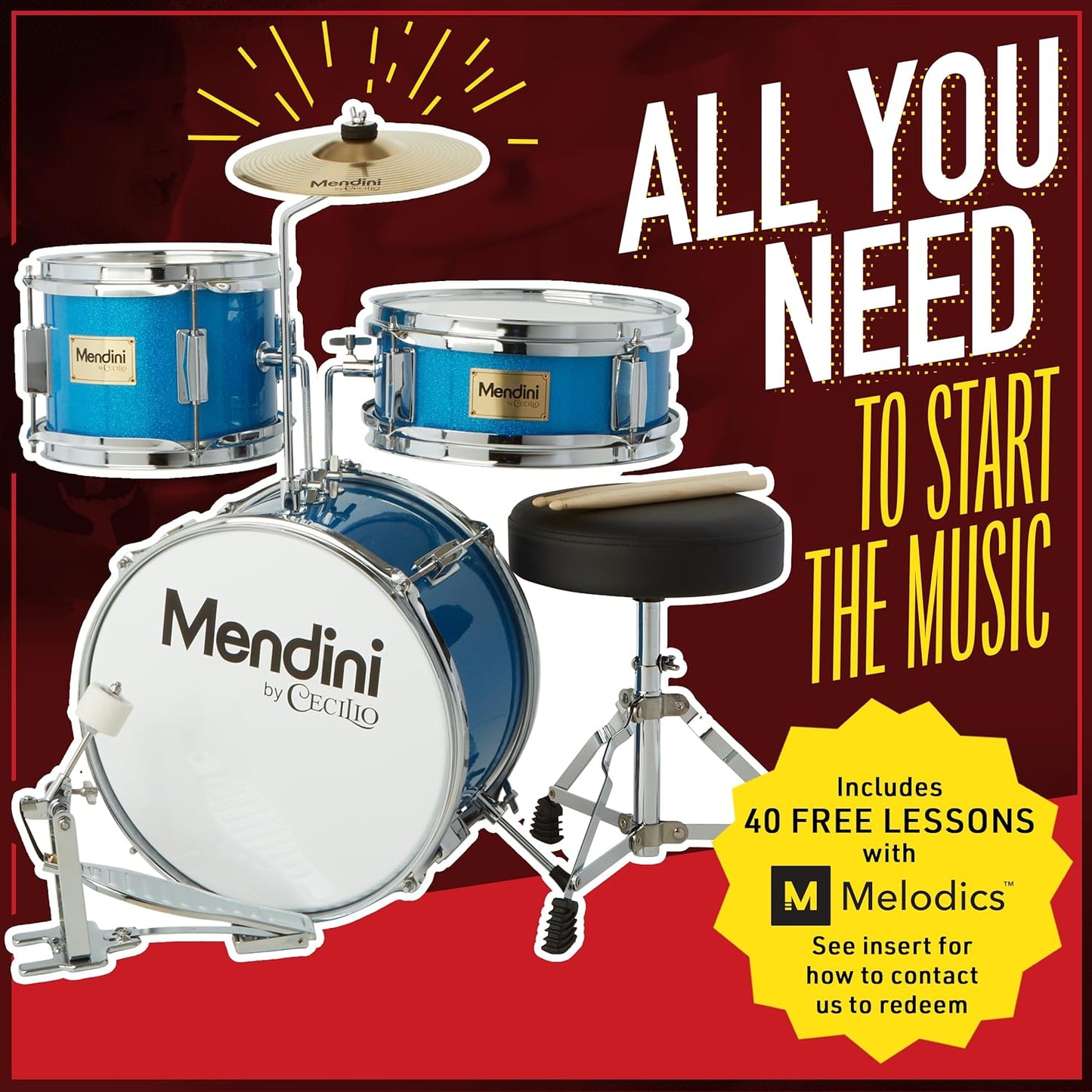 Mendini By Cecilio Kids Drum Set, Junior Kit with 4 Drums - Black Metallic (New)