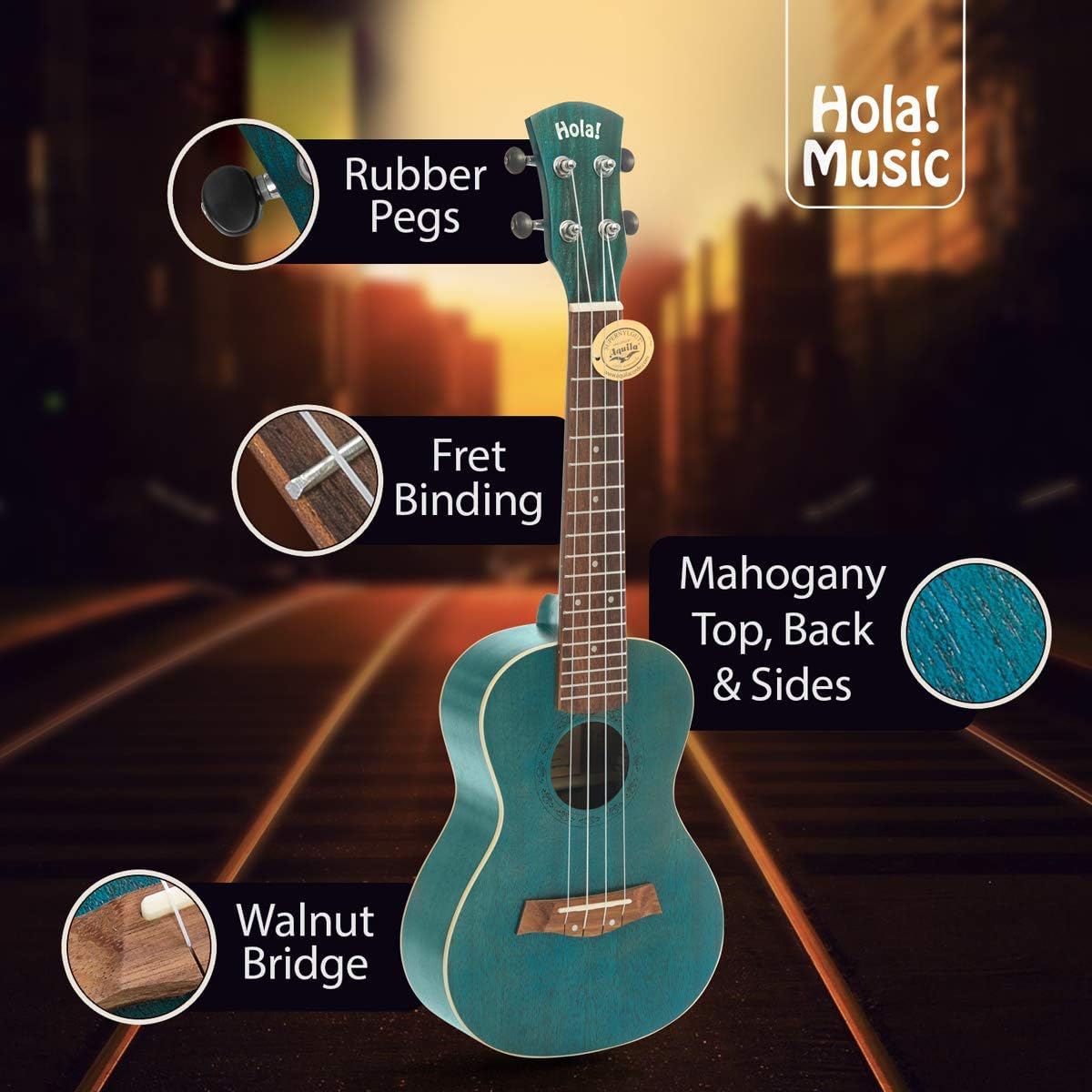 Hola! Music HM-124BU+ Nylon 4-Strings 24" Mahogany Ukulele with Strap & Pick (New)