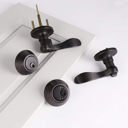 Probrico Double Cylinder Deadbolt L-Shaped Lever Front Metal Door Knob - Bronze (Used)