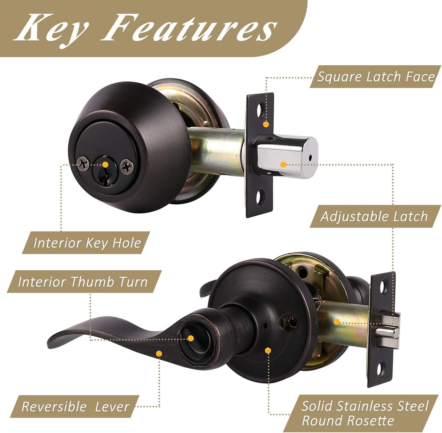 Probrico Double Cylinder Deadbolt L-Shaped Lever Front Metal Door Knob - Bronze (Used)