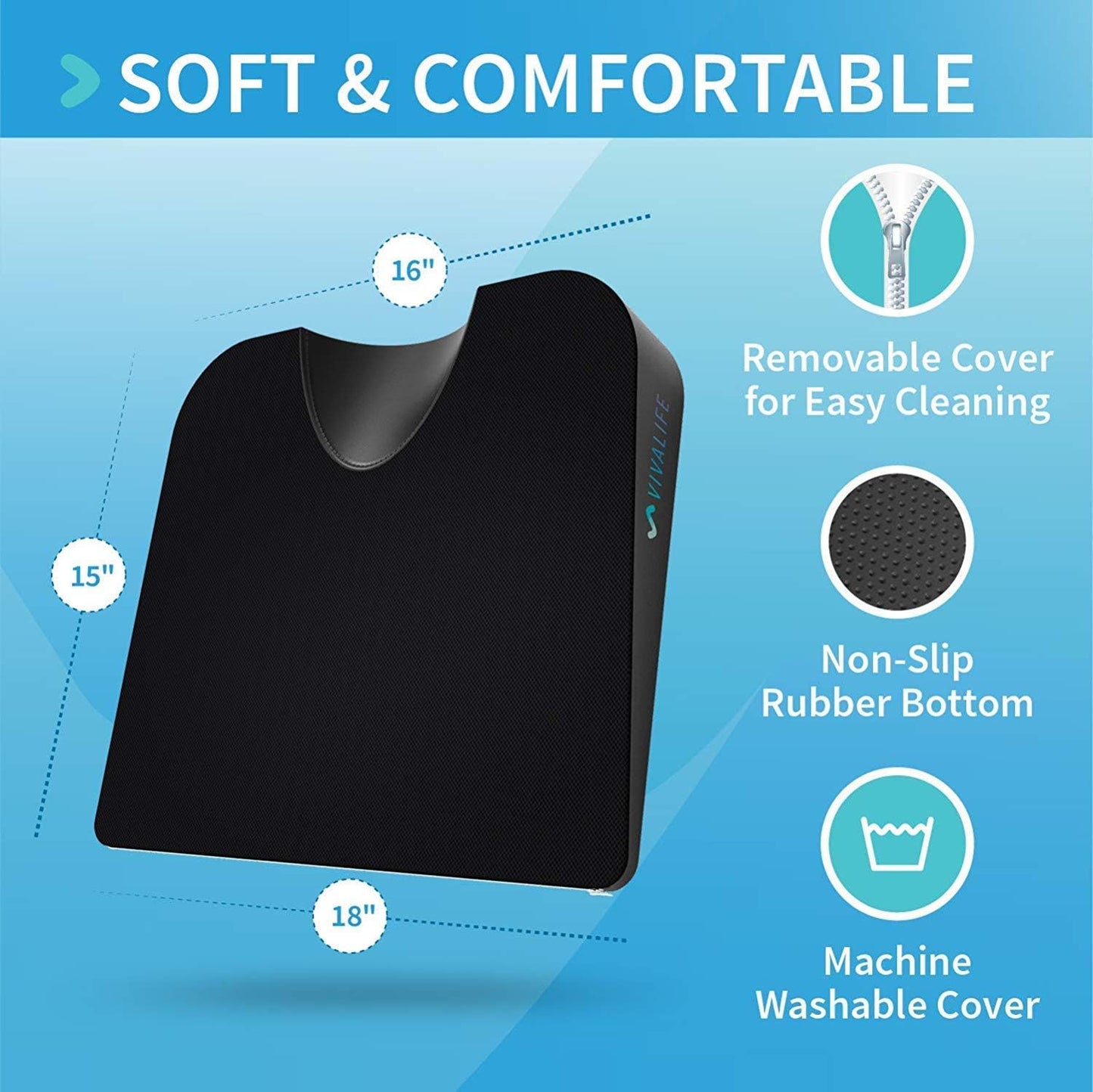 VivaLife Gel Memory Foam Office Chair/Car Seat Cushion, Non-Slip Bottom - Black (Like New, No Retail Box)