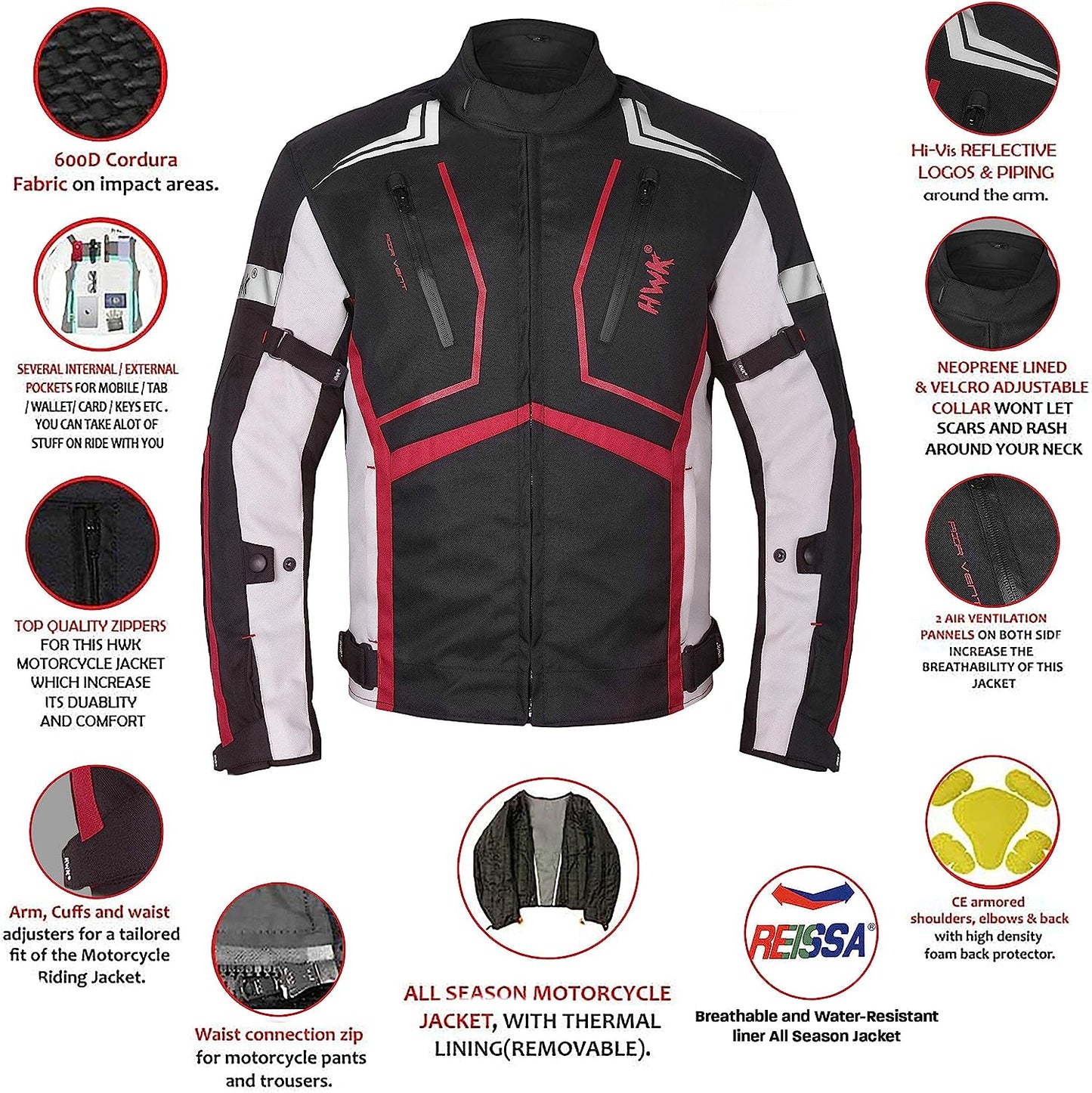 HWK Motorcycle Jacket for Men & Women Scorpion with Cordura Fabric, Large - Red- (Like New)