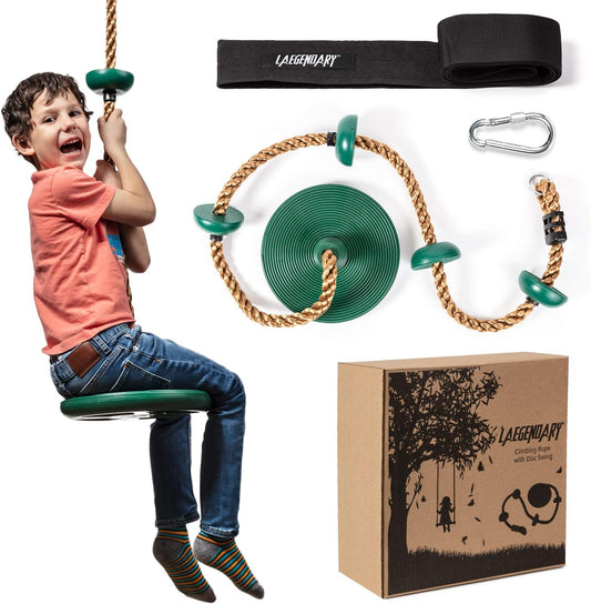 Laegendary Climbing Rope Tree Swing with Platforms and Disc Swings Seat, Green- (Used)