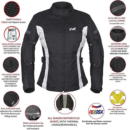 HWK Touring Motorcycle Jacket for Women, Large - Black/White (Like New)