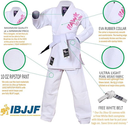 Hawk Jiu Jitsu Kids Brazilian Jiu Jitsu Gi with White Belt, K000 - Girls White (Used)