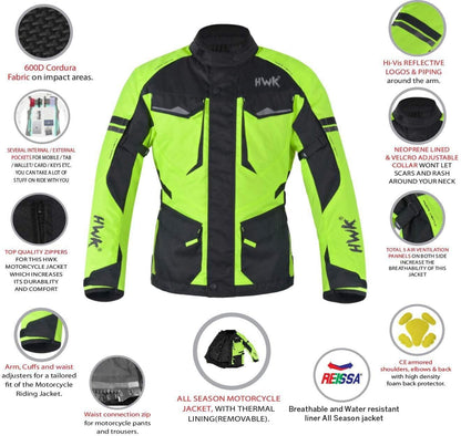 HWK Motorcycle Jacket for Men Adventure w/Cordura Fabric, Medium - Hi-vis Green (Used)
