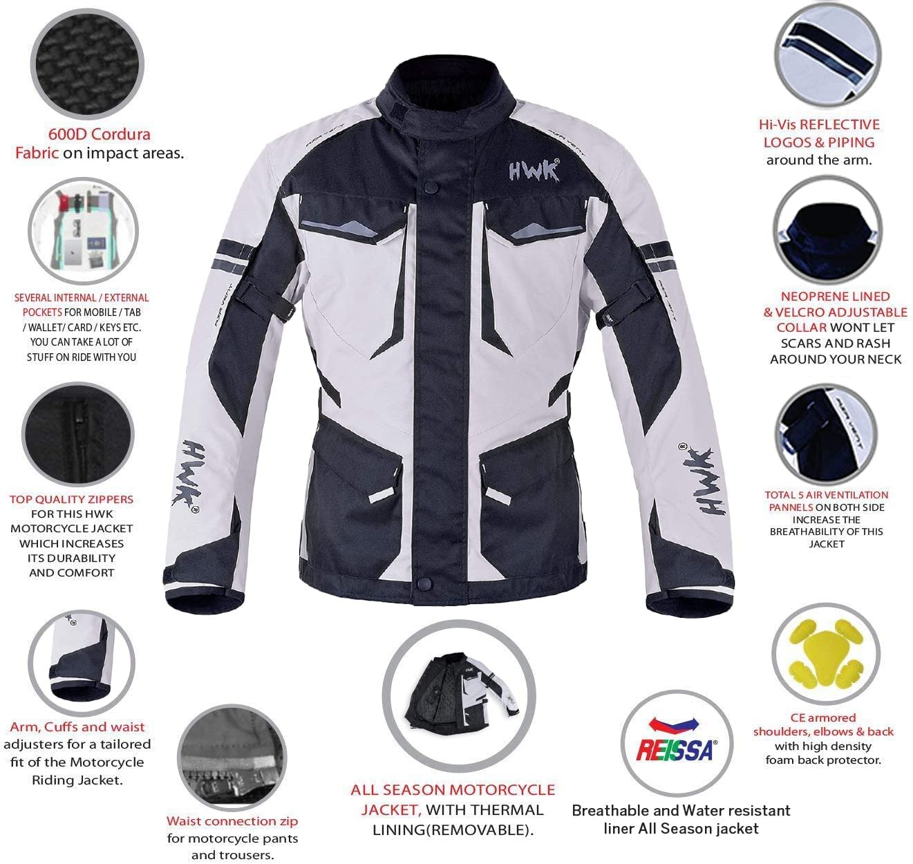 HWK Motorcycle Jacket for Men Adventure w/Cordura Textile Fabric, XL - Grey- (Used)
