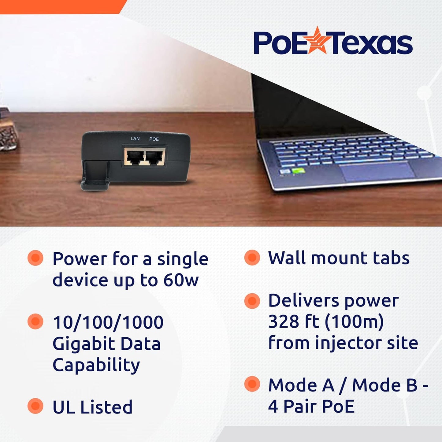 PoE Texas Single Port Gigabit Ethernet Injector for IP Camera and PC - 55 Volts (Like New, No Retail Box)