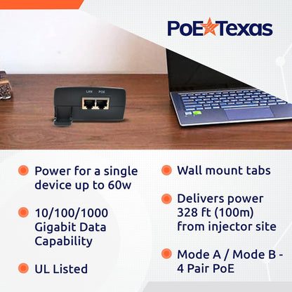 PoE Texas Single Port Gigabit Ethernet Injector for IP Camera and PC - 55 Volts (Like New, No Retail Box)