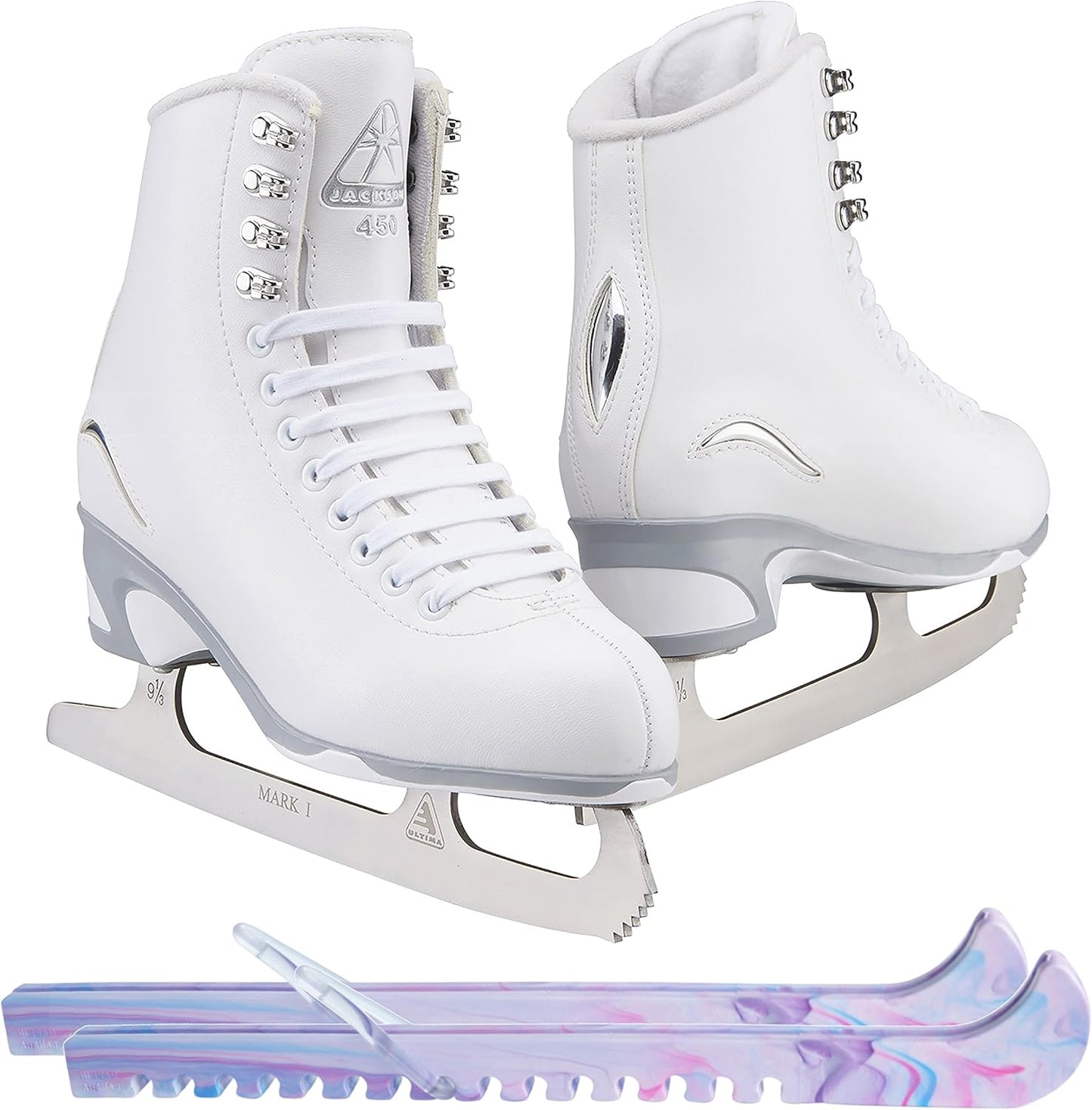 Jackson Ultima Ice Skates w/ Guardog Berry Blend Skate Guards - White, Adult 5 (Like New)
