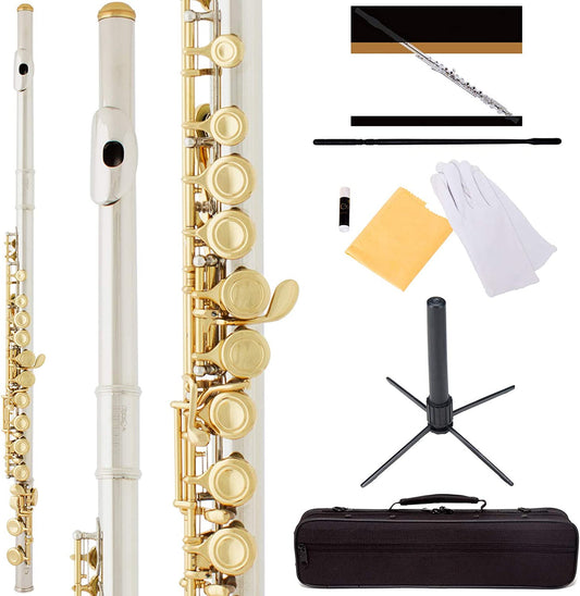 Mendini Closed Hole C Flute w/Case, Stand & Lesson Book - Nickel w/Gold Keys (Like New)