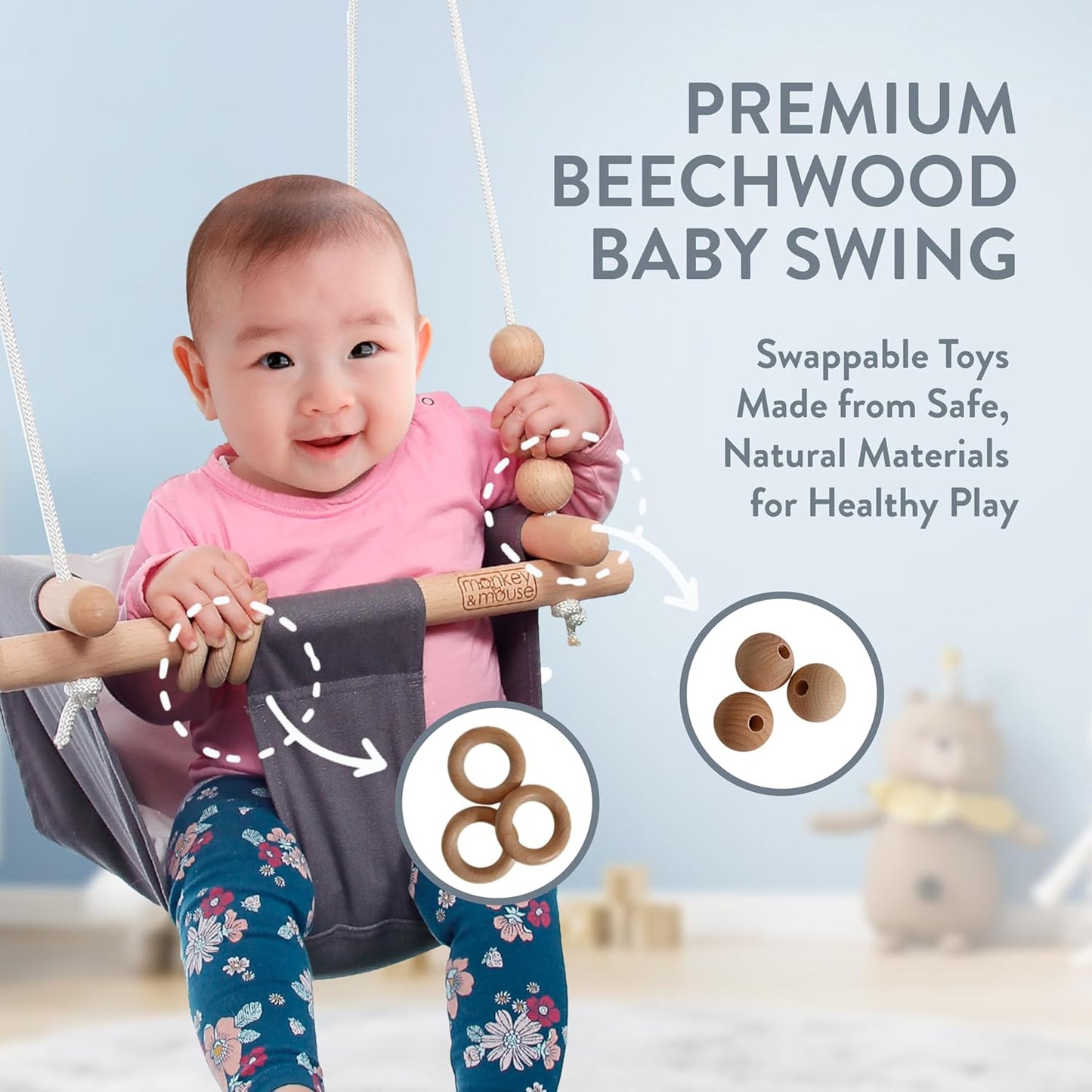 Monkey & Mouse Indoor-Outdoor Portable Baby Swing/Hanging Chair, Beech Wood (Like New, No Retail Box)