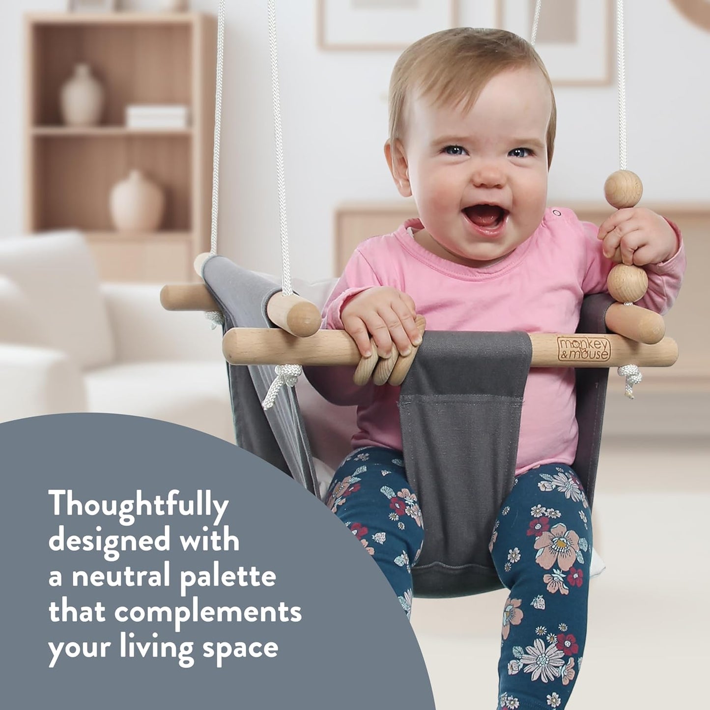Monkey & Mouse Indoor-Outdoor Portable Baby Swing/Hanging Chair, Beech Wood (Like New)