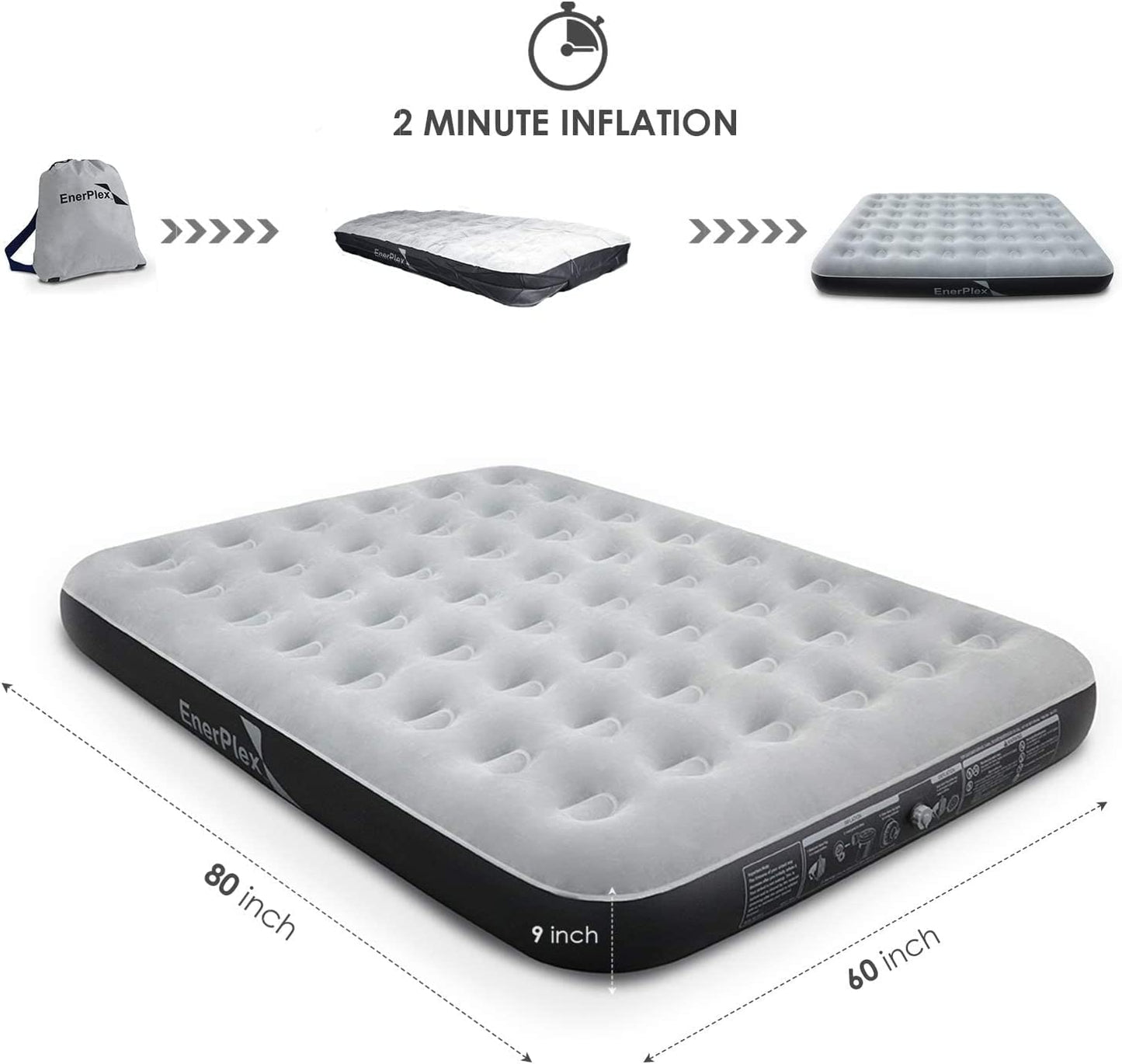 EnerPlex Camping Blow Up Air Mattress with Built in Pump, Queen - Grey/Black- (Like New)