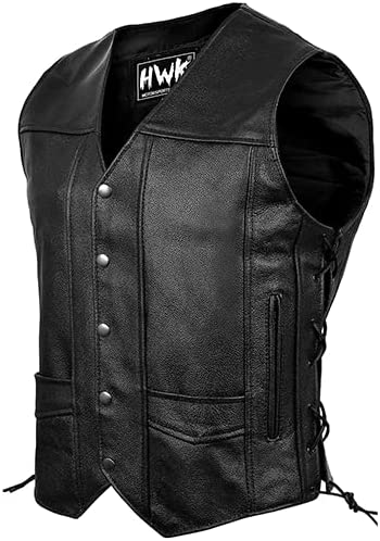 HWK Leather Motorcycle Vest for Men and Women with Gun Pocket, 2XL - Black (Like New)