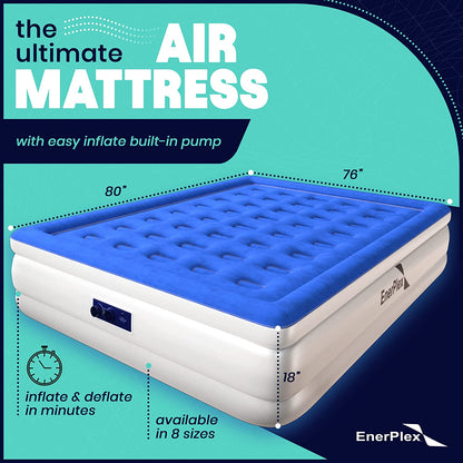 EnerPlex Air Mattress with Built in Pump, 18", Twin Size, White / Blue (Like New)