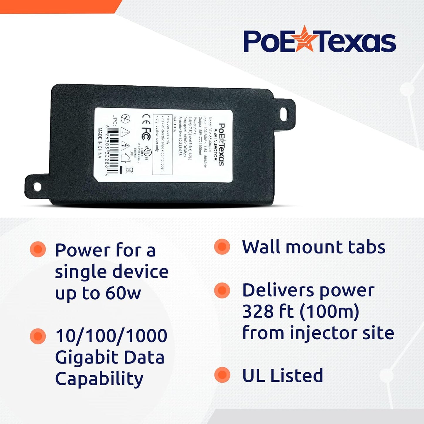 Poe Texas 60W 802.3bt PoE++ Single Port 4-Pair Power Over Ethernet Injector (Like New)