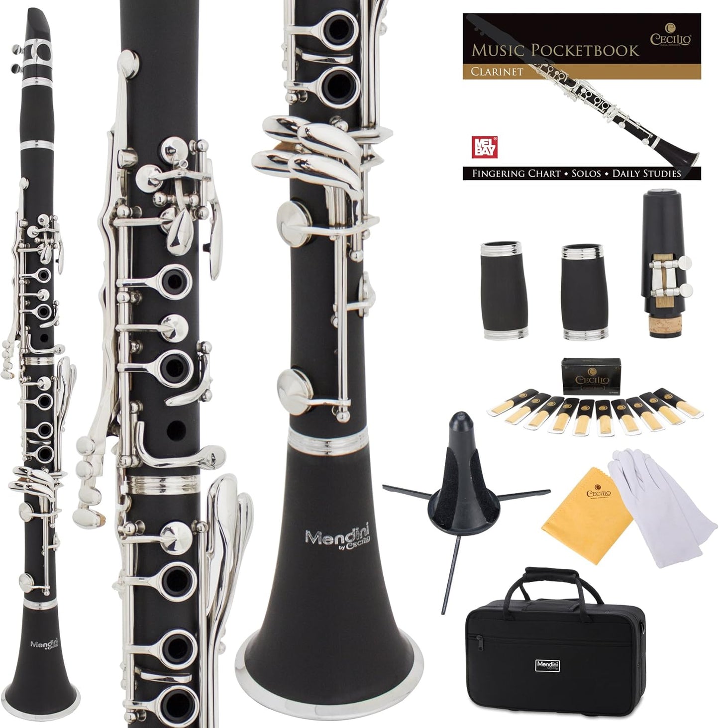 Mendini by Cecilio B Flat Clarinet w/ 2 Barrel, 10 Reed, Stand, Hard Case, Glove (Like New)