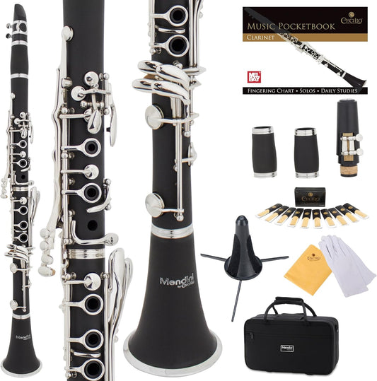 Mendini by Cecilio B Flat Clarinet w/ 2 Barrel, 10 Reed, Stand, Hard Case, Glove (Like New)