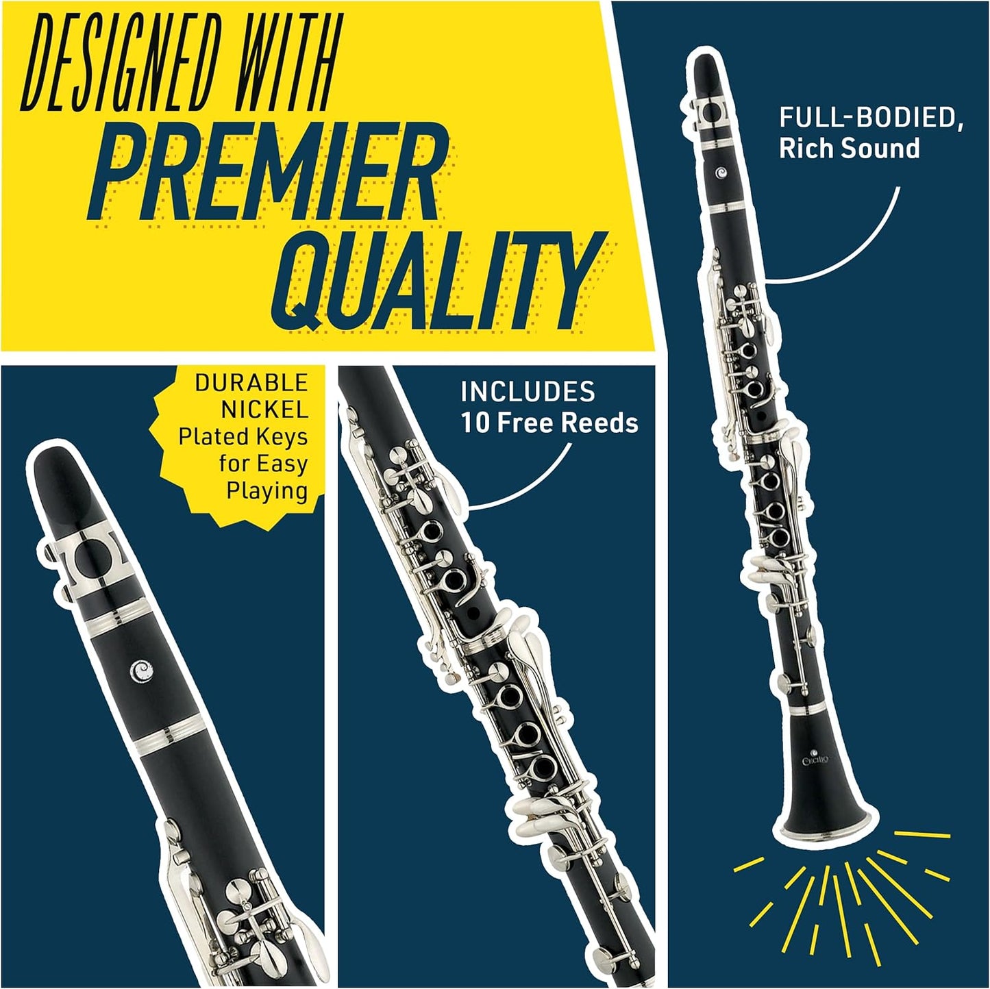 Mendini by Cecilio B Flat Clarinet with 2 Barrels 10 Reeds, Stand, Hard Case (Used)