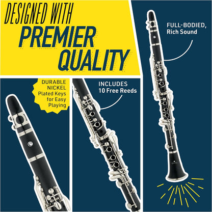 Mendini by Cecilio B Flat Clarinet with 2 Barrels 10 Reeds, Stand, Hard Case (Used)