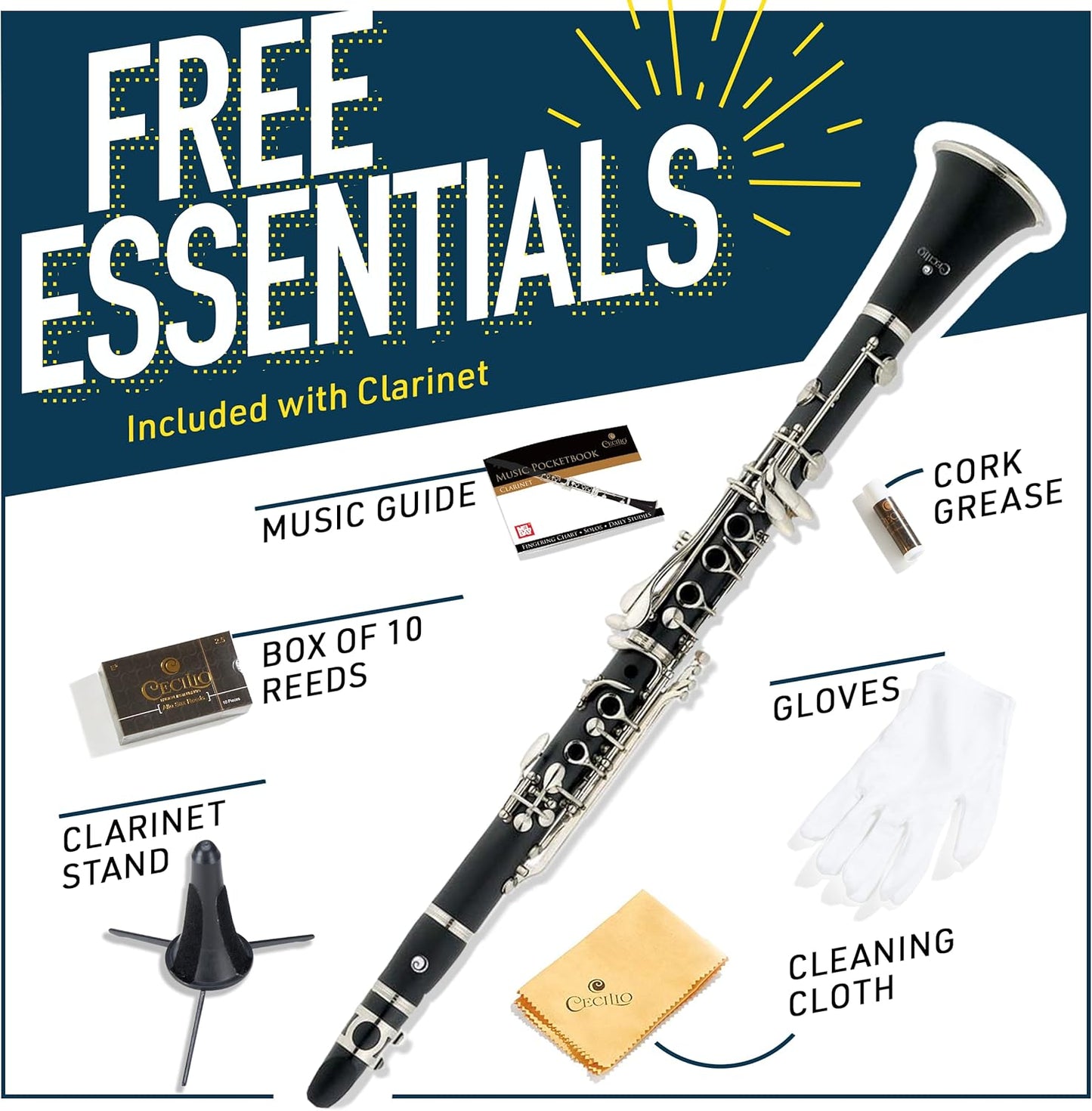 Mendini by Cecilio B Flat Clarinet with 2 Barrels 10 Reeds, Stand, Hard Case (Used)