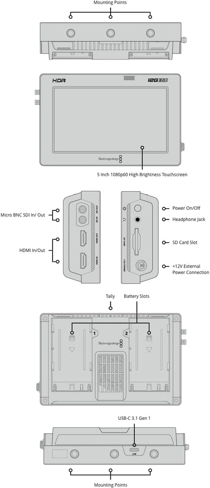 Blackmagic Video Assist 5" 1920x1080 screen 12G-SDI HDMI HDR Recording Monitor (Used)