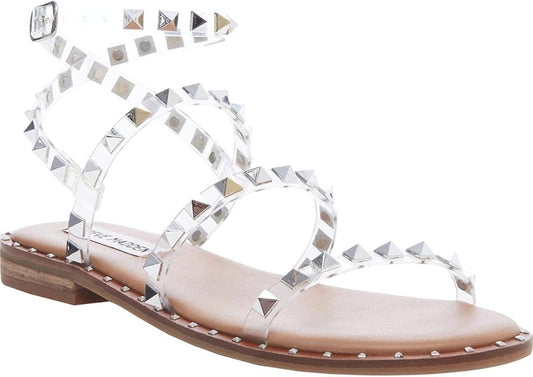 Steve Madden Travel Synthetic Ankle Strap Flat Sandal for Women, Clear - Size 9 (Like New, No Retail Box)