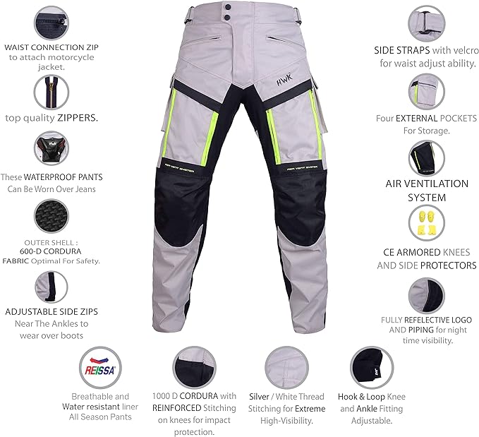 HWK All-Purpose Motorcycle Pants for Men Adventure, 34W x 32L - Hi-Vis Silver (Like New)