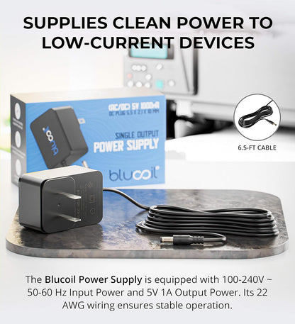 Blucoil 5V 1A Power Supply with US Plug AC Adapter Center Positive, 6.5-FT Cable (New)