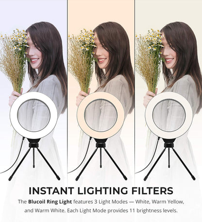 Blucoil 6in Selfie Ring Light w/Desk Tripod Stand, 3 Modes, 11 Brightness Levels (New)