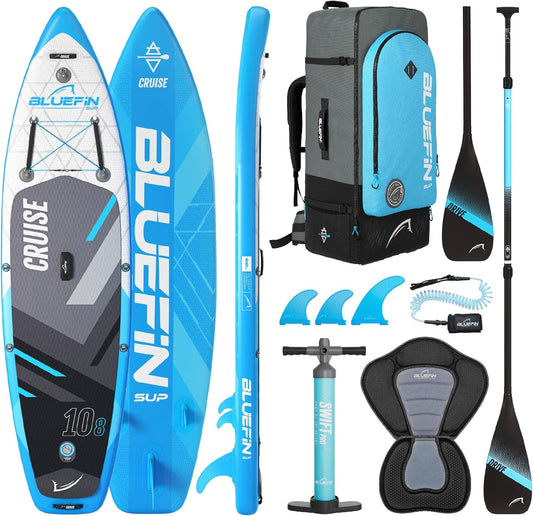Bluefin Cruise SUP 10'8" Inflatable Paddle Board w/ Backpack, Paddle, Kayak Seat (New)