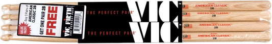 Vic Firth P2B3-2B1 American Classic Drum Stick Value Pack w/ 4 Pair, 2B Wood Tip (New)