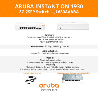 Aruba Instant On 1930 8-Port Gb Ethernet 8 x GE, 2X 1G SFP & L2+ Smart Switch (Like New)