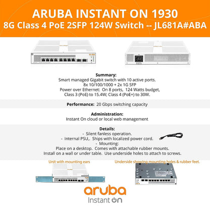 Aruba 1930 Instant On 8-Port PoE Gb Ethernet 8xGE, 2X 1G SFP & L2+ Smart Switch (Like New)