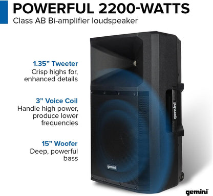 Gemini Sound GSP-2200 Elite 2200W 15" Bluetooth Active DJ PA Speaker - Black (Like New)