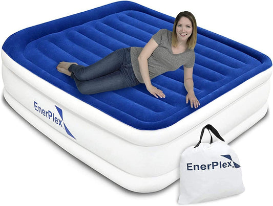 EnerPlex 13" Inflatable PVC Air Mattress w/Pump for Camping, Twin - Blue/White (New)